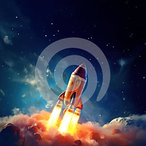 Rocket flying through space out of the earth