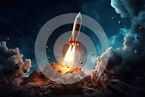 Rocket flying through space out of the earth