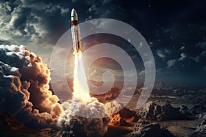 Rocket flying through space out of the earth