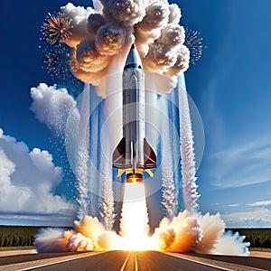 a rocket is flying through ther with its wheels out and it is exploding up into ther and it is being launched with a jet