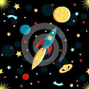 Rocket flying to the moon. Sun, Saturn, Earth, other planets, stars, comets, space Seamless pattern