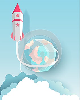 Rocket, globe, cloud, sky, paper art style with pastel color