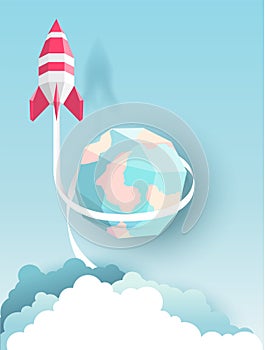 Rocket, globe, cloud, sky, paper art style with pastel color