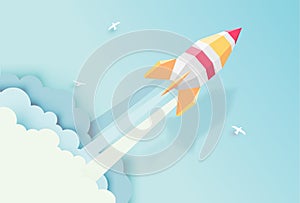 Rocket, globe, cloud, sky, paper art style with pastel color