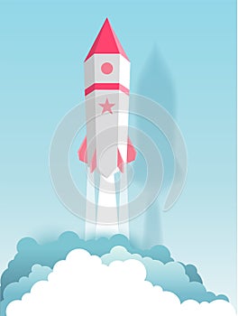 Rocket, globe, cloud, sky, paper art style with pastel color