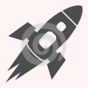 Rocket glyph icon. Spacecraft flies in atmosphere, successful launch. Astronomy vector design concept, solid style