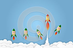 Rocket go to success goal vector business financial concept start up, leadership, creative idea symbol paper art style with copy