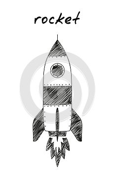 Rocket hand-drawn icon. Cartoon vector clip art of a spaceship flying in space. Black and white sketch of the rocket icon