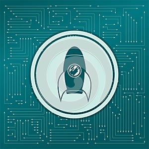 Rocket icon on a green background, with arrows in different directions. It appears on the electronic board.