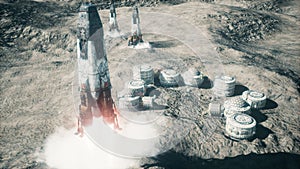 The rocket lands on the moon near the lunar space colony. The space rocket spews fire exhaust and smoke. The image is