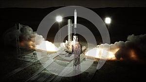 Rocket launch animation. Daylight. Space launch system. 3d rendering.