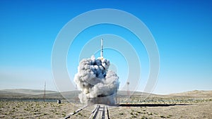 Rocket launch animation. Daylight. Space launch system. 3d rendering.