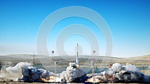 Rocket launch animation. Daylight. Space launch system. 3d rendering.