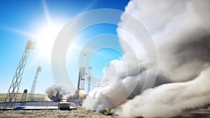 Rocket launch animation. Daylight. Space launch system. 3d rendering.