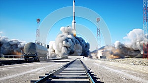 Rocket launch animation. Daylight. Space launch system. Realistic 4k animation.