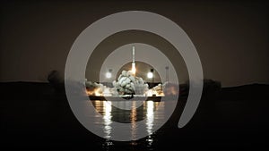 Rocket launch animation. Daylight. Space launch system. 3d rendering.