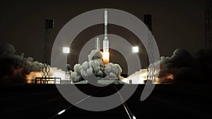 Rocket launch animation. Daylight. Space launch system. 3d rendering.