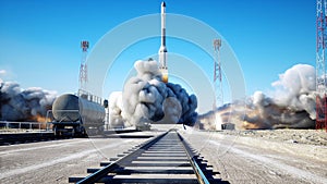 Rocket launch animation. Daylight. Space launch system. 3d rendering.