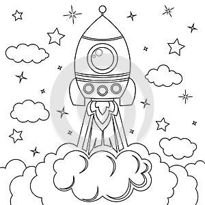 Rocket launch. Black and white vector illustration for coloring book