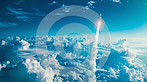 Rocket launch into the blue sky with white clouds from the ground