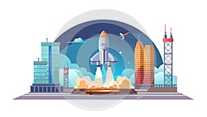 Rocket Launch from City Future Technology Space Exploration, vector design Generative AI