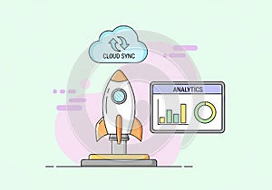 Rocket launch, cloud sync, data analytics, business growth, startup concept