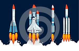 Rocket launch collection. Space craft and spaceship engine start and ignition, rocket flight with fire and smoke. Vector