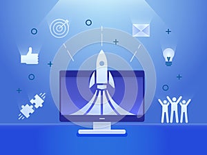 Rocket launch on a computer screen with business icons banner. Vector illustration concept for startups, teamwork photo
