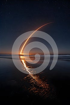 Rocket launch creates a bright arc over the ocean at night.