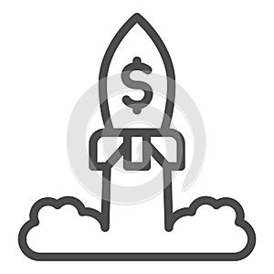 Rocket launch with dollar line icon. Space ship, business project startup symbol, outline style pictogram on white