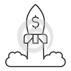 Rocket launch with dollar thin line icon. Space ship, business project startup symbol, outline style pictogram on white
