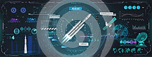 Rocket launch and flight, dashboard, HUD style control center. Set of space elements for GUI, UI, UX and education App