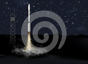 Rocket launch from the ground at night. Spaceship iinside smoke clouds under the starry sky. Vector 3d realistic
