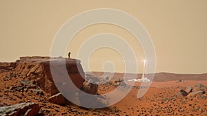 Rocket launch from a human settlement on the surface of Mars - 3D render
