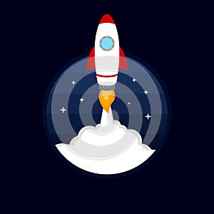 Rocket launch icon on blue sky background