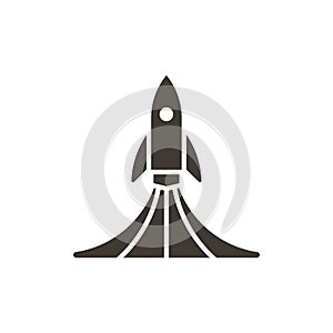 Rocket launch icon. Vector design spaceship lifting off with smoke