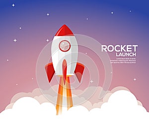 Rocket launch illustration. Product business launch concept design ship vector technology background