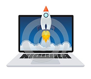 Rocket launch from laptop screen. Concept for new business project, launching product or service with symbols.