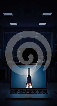 Rocket Launch on Laptop Screen in Dark Office