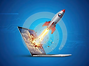 Rocket launch from laptop screen isolated on white background