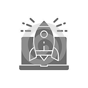 Rocket launch from laptop, startup grey icon.