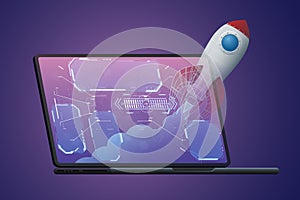 Rocket launch with laptop technology illustration