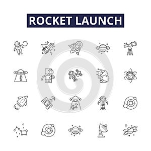 Rocket launch line vector icons and signs. Rocket, Liftoff, Ignition, Propulsion, Ascent, Flight, Deployment, Countdown photo