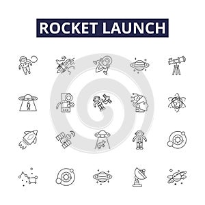 Rocket launch line vector icons and signs. Rocket, Liftoff, Ignition, Propulsion, Ascent, Flight, Deployment, Countdown