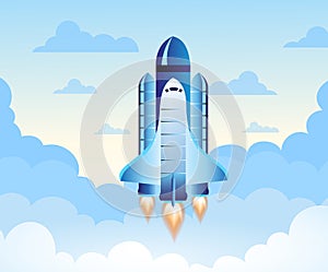 Rocket launch. New project start up concept in flat design style. Space for text. Vector illustration.