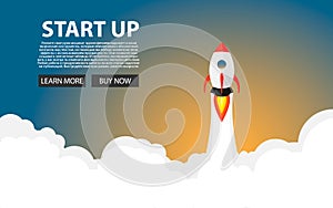 Rocket launch. New project start up concept in flat design style. Space for text. Vector illustration