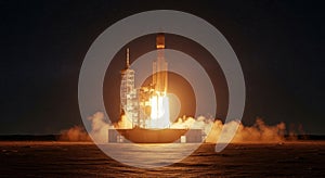 Rocket launch at night fiery ascent into the darkness ignites the sky