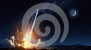 Rocket Launch at Night, Space Exploration, Stars, Moon