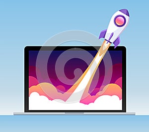 Rocket launch in notebook. Graphic illustration in flat style. Startup project, business metaphor. Vector design object