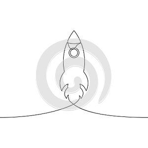 Rocket launch - one line drawing. Continuous line spaceship. Hand-drawn minimalist illustration of startup concept.